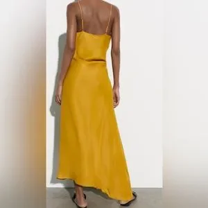 Zara Dresses Zara Goldmustard Satin Cowl Neck Asymmetrical